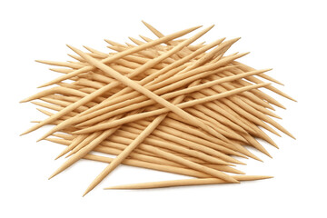 Wooden toothpicks scattered on clear surface, highlighting minimalist design for culinary or oral care purposes