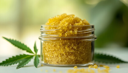 Close-up shot of cannabis sugar in glass jar. Yellow extract, concentrate product. Marijuana leaf near. Medical cannabis product display