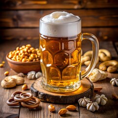 Golden beer in a glass mug with pretzels and nuts on wood