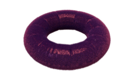 3d inflatable ring buoy with soft purple fur texture on transparent background, surreal safety floatation device concept in modern digital art style