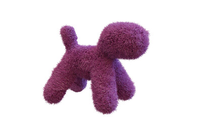 3d purple toy dog sculpture with furry textured surface, abstract toy shape isolated on transparent background, digital pop art style