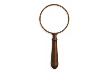 Vintage copper-framed magnifying glass featuring wooden handle, symbolizing investigation and knowledge exploration against neutral backdrop