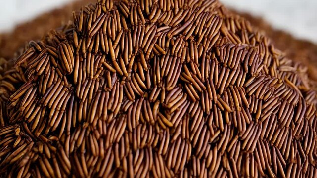 Close-up of cooked mopane worms and rice worms, a sustainable protein source for traditional culinary dishes of diverse cultures.