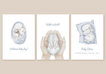 Customizable Baby Boy Birth Announcement Card Templates with Sleeping Bunny, Teddy and Hands – Soft Watercolor Editable Printables for Newborn Greeting, Baby Shower Invitation or Nursery Wall Art