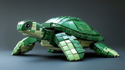 A vibrant green turtle model crafted from building blocks, showcasing intricate details and a playful design.