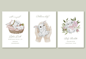 Neutral Baby Announcement and Editable Nursery Card Templates – Watercolor Bunny in Hands, Basket and Floral Elements – Printable Birth Invitation Set for Newborn Greeting or Baby Room Decor