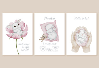Editable Baby Girl Announcement and Nursery Printable Cards – Pink Watercolor Templates with Bunny, Pillow and Teddy Bear for Newborn Greeting, Baby Shower Invite and Personalized Birth Wall Decor