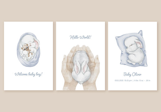 Customizable Baby Boy Birth Announcement Card Templates with Sleeping Bunny, Teddy and Hands &ndash; Soft Watercolor Editable Printables for Newborn Greeting, Baby Shower Invitation or Nursery Wall Art