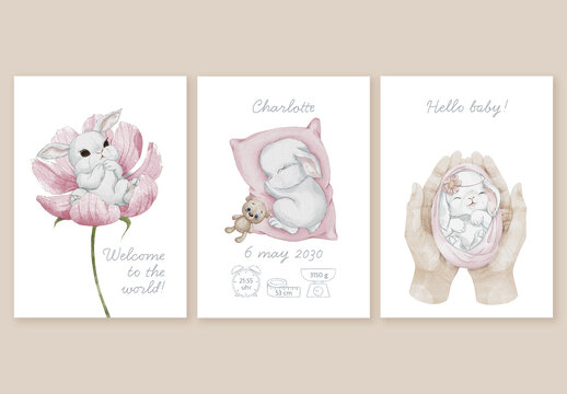Editable Baby Girl Announcement and Nursery Printable Cards &ndash; Pink Watercolor Templates with Bunny, Pillow and Teddy Bear for Newborn Greeting, Baby Shower Invite and Personalized Birth Wall Decor