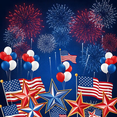 Obraz premium Patriotic Fourth of July celebration with fireworks, balloons, and American flags, creating a festive and joyful atmosphere.