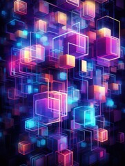 Vibrant digital artwork of colorful geometric shapes in a dark space
