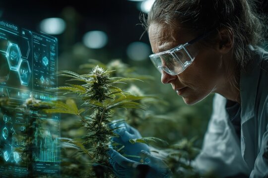 Cannabis research and analysis using a microscope in a laboratory setting, overlaid with scientific data, charts, and chemical structures