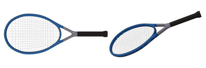 realistic 3d render of tennis racket with blue frame and black grip, front and perspective views on transparent background, modern sports equipment design