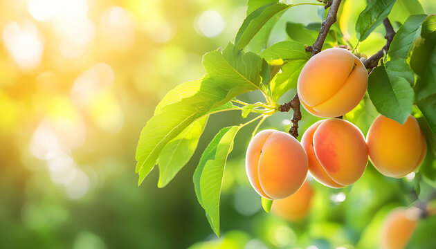 Ripe apricots hang on branches in orchard. Sweet fruits at farm. Eco background, sunny summer autumn day. Harvesting in countryside