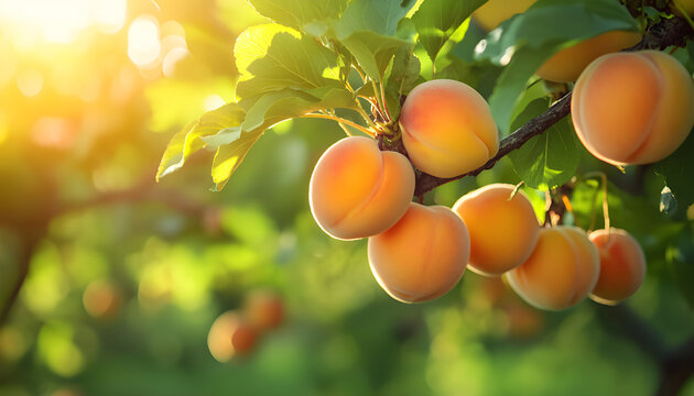 Ripe apricots hang on branches in orchard. Sweet fruits at farm. Eco background, sunny summer autumn day. Harvesting in countryside