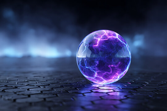 A glowing orb with purple and blue lightning inside sitting on a hexagonal tiled surface in a dark room