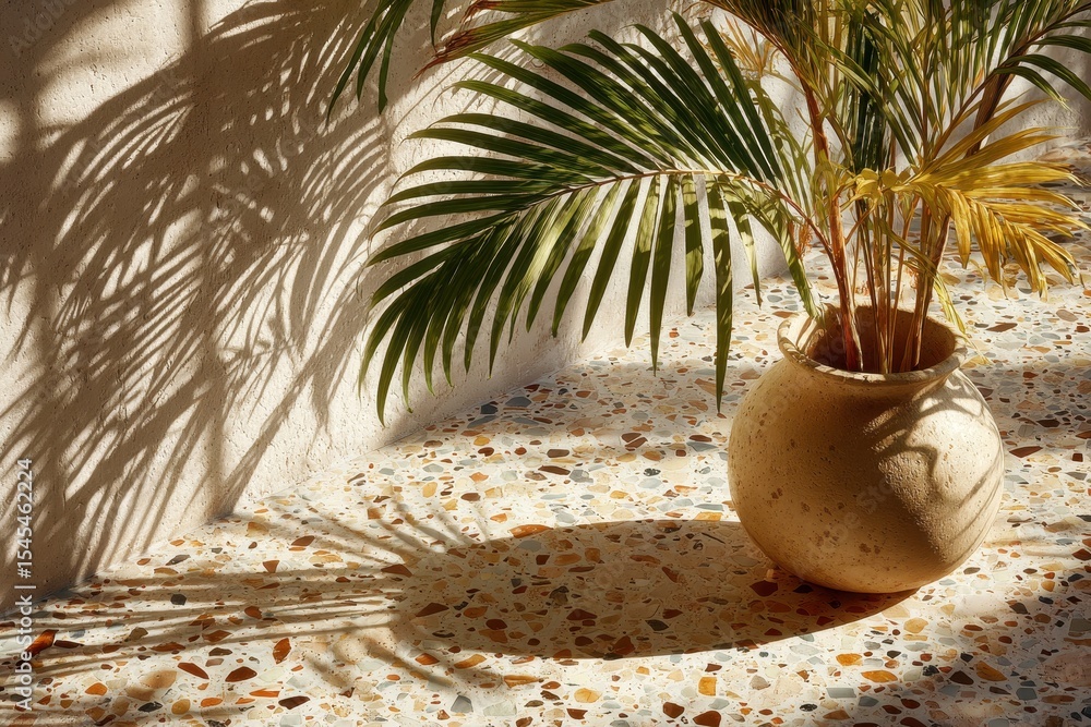 Poster sunlight and shadows dance around a leaf in a vase on a terrazzo surface, capturing the essence of a