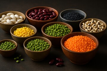 Fototapeta premium angle view of vibrant legumes and pulses in natural ceramic and wooden bowls, displayed on a dark rustic surface. Perfect for food blogs or healthy eating visuals.