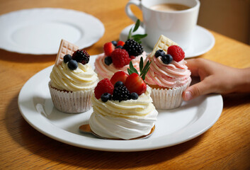 Close up of four cupcakes with whipped cream and fresh berries on white plate, one being taken by small child hand, cozy dessert moment with coffee cup in background, homemade sweet treat scene