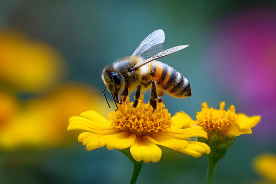 A bee perched atop a vibrant yellow flower collecting nectar in a garden with a colorful background