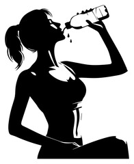 Black and white silhouette of a sporty girl drinking water during a fitness class on a white isolated background. Vector graphics. EPS.