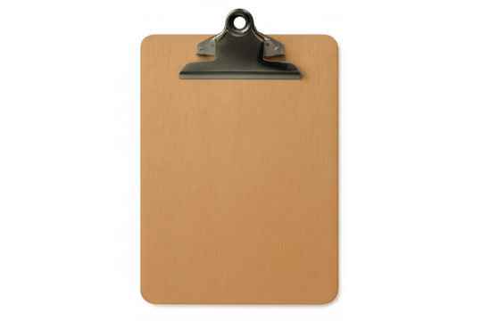 Wooden clipboard holding blank paper, metal clip attached, clean transparent backdrop ready for graphic presentation