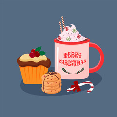 Postcard with a Christmas mug. Cup with a hot drink and whipped cream. New Year and Christmas. Decorative dishes with text and holiday attributes. Muffin and cookies. Vector illustration