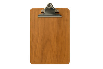 Fototapeta premium Wooden clipboard featuring sturdy metal clip, light brown finish, positioned against transparent backdrop for graphic design mockup