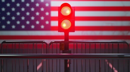 Modern traffic light with red signal above metal barricade with  American flag in background symbolizing control and division