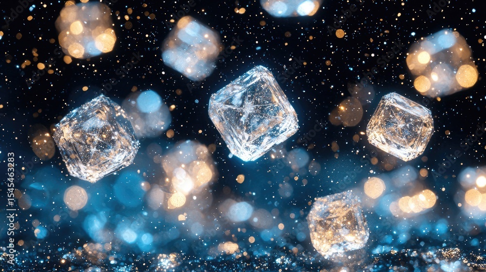 Poster dynamic ice cubes suspended in air abstract background high-resolution photography vibrant bokeh clo