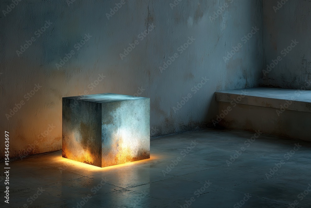 Poster Glowing concrete cube in an empty room casting warm light against the wall and floor adding atmosphere and mystery in the space