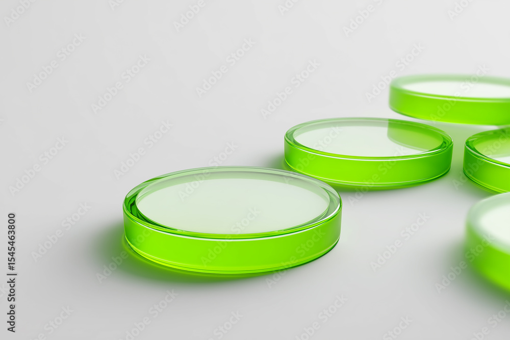 Poster green glass disks creating a path on white background