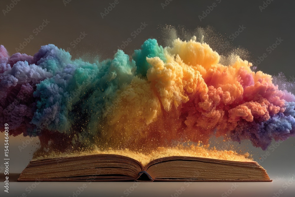 Poster open book with an explosion of colorful powders suggesting knowledge and imagination, conveying powe