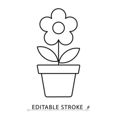 Potted flower icon in minimal line style with editable stroke. Decorative plant, home gardening symbol, indoor bloom for botanical visuals, cozy interior, natural growth and floral design themes.