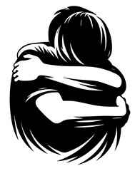 A black and white silhouette of loving people embracing each other on a white isolated background. Vector graphics. EPS.