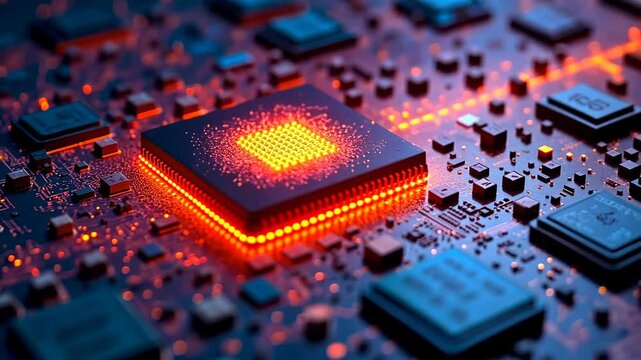Silicon microchips, circuit design, hardware technology. Technology integration. Processors generate computational speed. Semiconductor production increases efficiency. Digital innovations advance