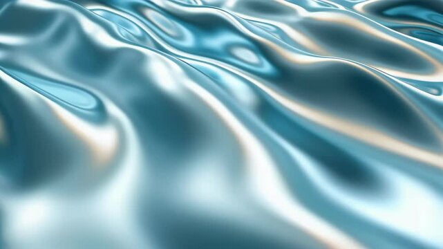 Abstract flowing liquid metal with silver blue waves and glossy reflections. Scene for technology presentation, water purification branding, or modern motion graphic