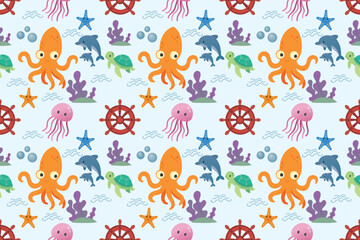 seamless ocean animal pattern with cute octopus jellyfish dolphin and turtle for kids fabric wallpaper nursery and book cover design

