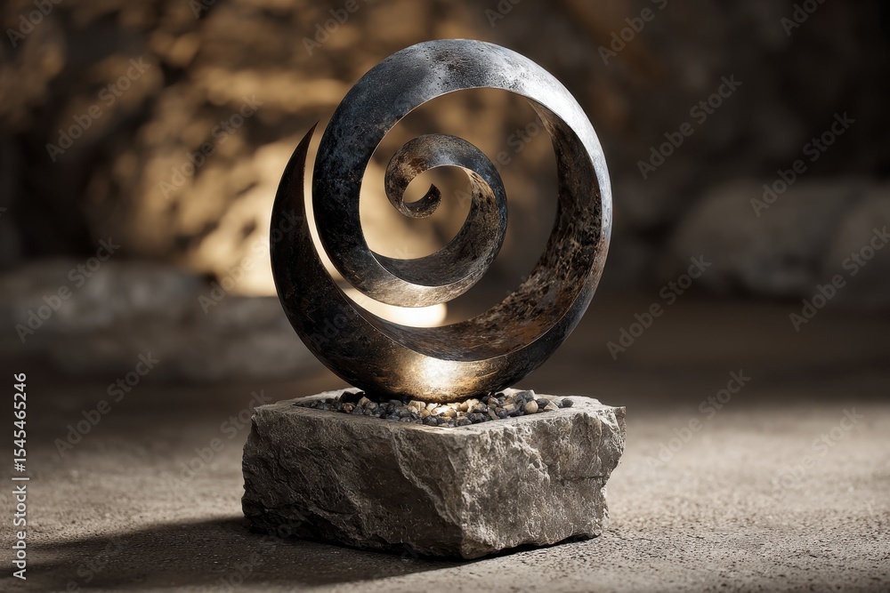 Poster Elegant steel sculpture of a spiral on a rough stone base illuminated from underneath creating soft shadows on a textured background