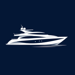 Elegant white yacht silhouette on dark blue background  