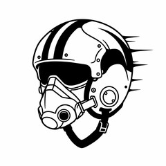 Pilot helmet illustration with mask and motion lines in black  