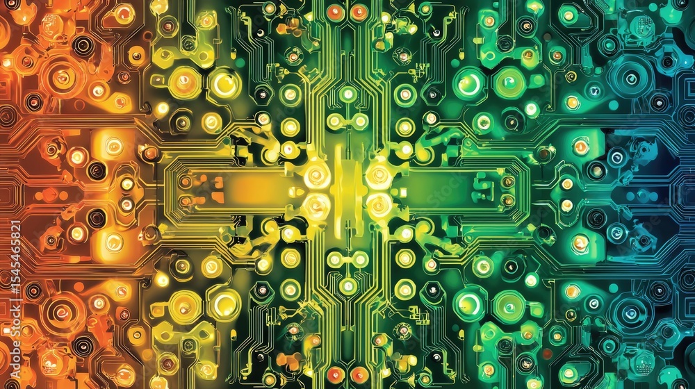 Poster exploring digital circuitry patterns in vibrant colors technology laboratory abstract art futuristic