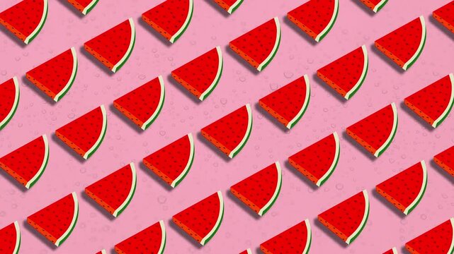 A vibrant pattern featuring stylized watermelon slices against a pink background, ideal for summer-themed designs.