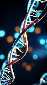 Detailed 3D render of double helix DNA strands, genetics research and medicine concept on dark blue bokeh background