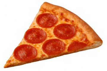 Single slice of pepperoni pizza with melted cheese, showcasing a transparent background, ideal for food-related projects