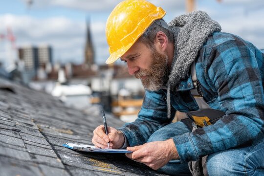 Construction worker in hard hat making notes on a roof on a cloudy day, looking downward at the document