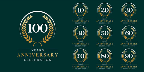 Set of vector icon or logo designs for 10th to 100th anniversary with laurel wreath, in gold color for celebrations, weddings and birthdays