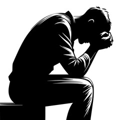 A black and white silhouette of a very upset man against a white isolated background. Vector graphics. EPS.