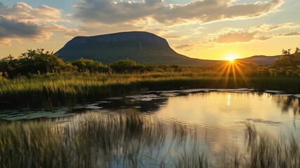 Beautiful mountain reflection at sunset over calm lake in nature scenery - Powered by Adobe