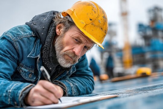 Construction worker in hard hat making notes on a roof on a cloudy day, looking downward at the document